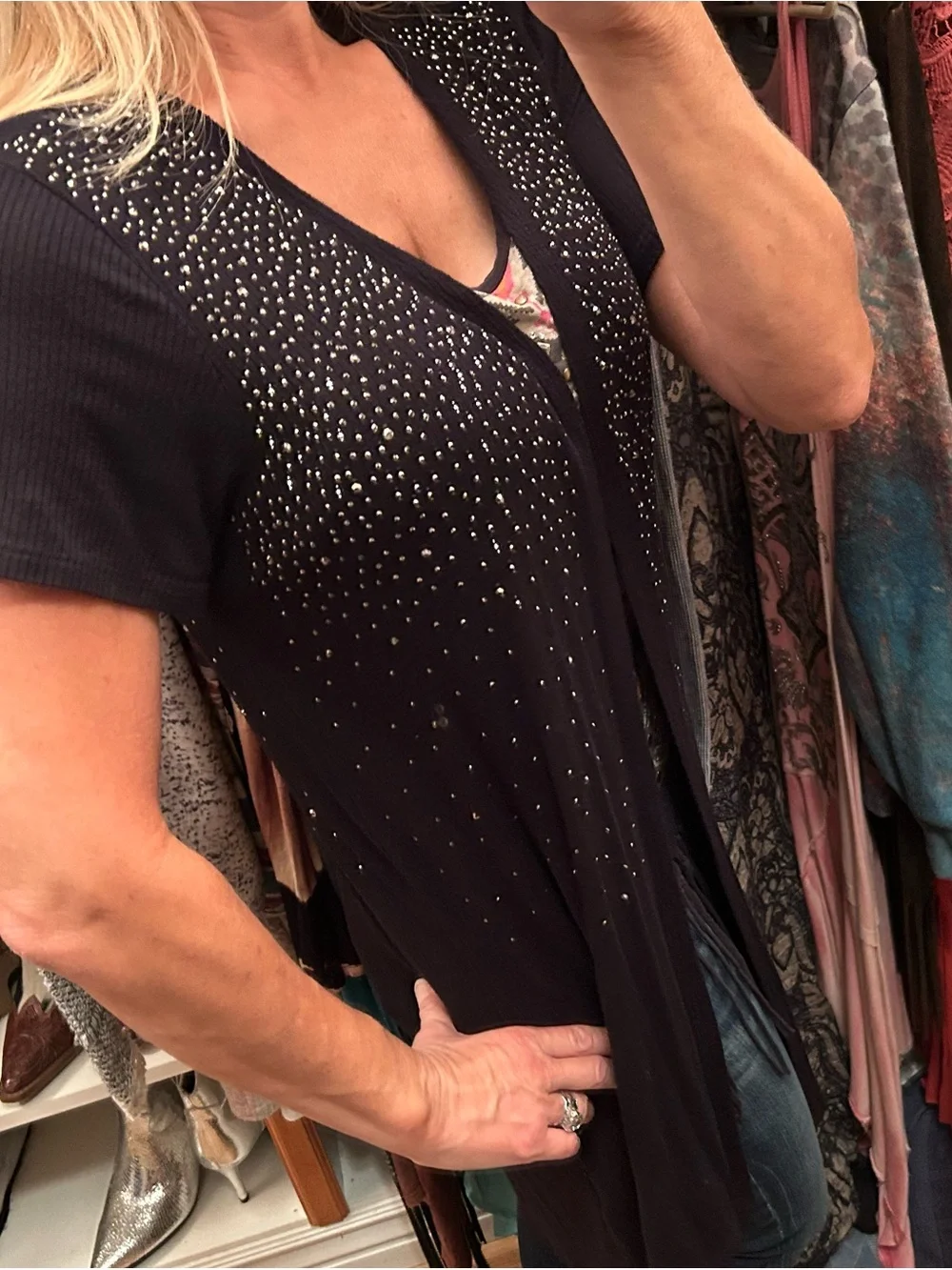 Vocal Studded Black Short-Sleeve Open Cardigan - Women's Top